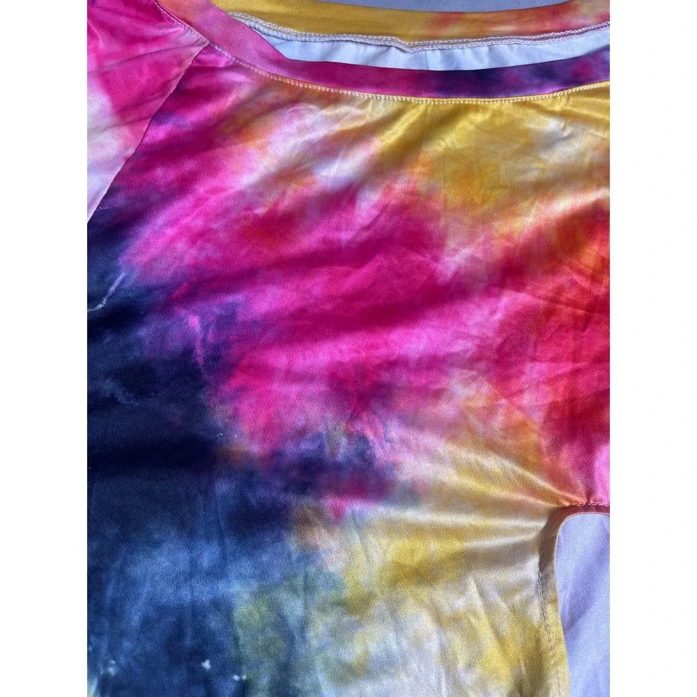 Tie Dye 2 Piece Set Womens 2XL Pink Yellow Black Crop Tie Front Top Biker Shorts